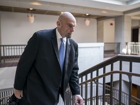 Sen. John Fetterman, D-Pa., leaves an intelligence briefing on the unknown aerial objects the U.S. military shot down this weekend at the Capitol in Washington, Tuesday, Feb. 14, 2023. The incidents come shortly after a Chinese surveillance balloon traversed the U.S. and was shot down off South Carolina a week ago.