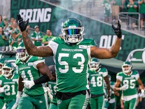 Saskatchewan Roughriders linebacker Darnell Sankey (53) runs onto the field before CFL football action against BC Lions in Regina on Friday, August 19, 2022.