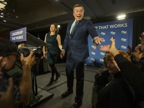 Toronto mayor John Tory, joined by his wife Barbara Hackett, celebrates his election victory at the Sheraton Centre Toronto hotel in Toronto, Ont. in Toronto, Ont. on Monday October 22, 2018. Ernest Doroszuk/Toronto Sun/Postmedia