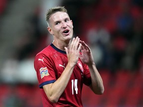 FILE - Czech Republic's Jakub Jankto reacts after missing a chance to score during the UEFA Nations League soccer match between Czech Republic and Switzerland at the Sinobo stadium in Prague, Czech Republic, June 2, 2022. Czech Republic midfielder Jakub Jankto posted a video on social media on Monday, Feb. 13, 2023 saying he is gay, making him one of the most high-profile male soccer players to come out.