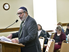 Democratic state Rep. Ed Stafman, an ordained Jewish rabbi, presents MT HB471 bill, to establish religious exemption to prohibitions on abortion, to the House Judiciary Committee of the Montana Legislature in Helena, Mont., Friday, Feb. 17, 2023. Rep. Stafman's bill would protect abortion rights for women seeking the procedure in accordance with their sincerely held religious beliefs, even if it were illegal in Montana. Montana is one of 47 states with a law that allows healthcare workers to opt out of providing abortions if it violates their religious beliefs or morals. Rep. Stafman argued that religious protections should be provided to both sides. The committee did not vote on the bill.