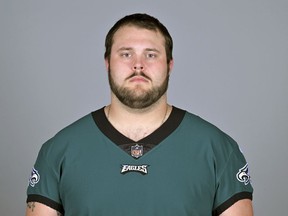 FILE - This is a 2022 photo of Josh Sills of the Philadelphia Eagles NFL football team. Josh Sills, a reserve offensive lineman for the NFC champion Philadelphia Eagles, has been indicted on rape and kidnapping charges that stem from an incident in Ohio just over three years ago, authorities said Wednesday, Feb. 1, 2023. (AP Photo, File)