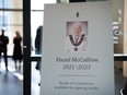 Hazel McCallion, a political powerhouse and the longtime former mayor of Mississauga, Ont., is set to be remembered at a state funeral today. Signage for the book of condolences is on display as the late Hazel McCallion lies in state at Mississauga City Hall in Mississauga, Ont. on Sunday, February 12, 2023.