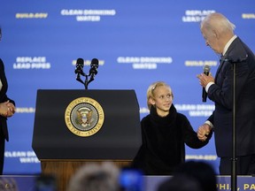 President Joe Biden talks with Nolyn Pace as Vice President Kamala Harris watches as he speaks about his infrastructure agenda while announcing funding to upgrade Philadelphia's water facilities and replace lead pipes, Friday, Feb. 3, 2023, at Belmont Water Treatment Center in Philadelphia.