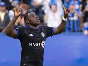 CF Montreal forward Sunusi Ibrahim celebrates his first goal as they face the Forge FC during first half Canadian Championship quarterfinal action in Montreal on Wednesday, May 25, 2022. After four long weeks, CF Montreal concluded the first leg of training camp with a 6-1 win over the Première ligue de soccer du Québec's all-star team in a friendly match on Friday.THE CANADIAN PRESS/Paul Chiasson