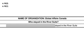 Taxpayers federation launching legal action to reveal who stayed in $6,000-per-night hotel suite A except from a response to an access to information request filed by the Canadian Taxpayer’s Federation, which Global Affairs Canada ended up redacting. Courtesy Canadian Taxpayer’s Federation
