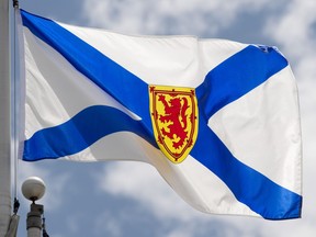 A Nova Scotia provincial flag flies on a flagpole in Ottawa, Friday, July 3, 2020. The Nova Scotia government has approved the first phase of a green hydrogen and ammonia operation led by EverWind Fuels in Cape Breton.
