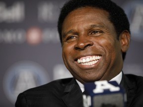 Mike (Pinball) Clemons speaks as he is announced as the new general manager of the Toronto Argonauts during a press conference at BMO Field in Toronto, Tuesday, Oct. 8, 2019. The timing still isn't right for Clemons to dive into politics. With John Tory soon to make his exit from his post as Toronto's mayor, the Toronto Argonauts general manager and Canadian Football Hall of Famer isn't interested in running to replace Tory.
