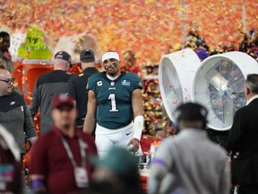 Philadelphia Eagles quarterback Jalen Hurts (1) reacts after their loss against the Kansas City Chiefs in the NFL Super Bowl 57 football game, Sunday, Feb. 12, 2023, in Glendale, Ariz. Kansas City Chiefs defeated the Philadelphia Eagles 38-35.