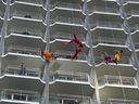 Bandaloop performing on the side of the Fairmont Century Plaza.