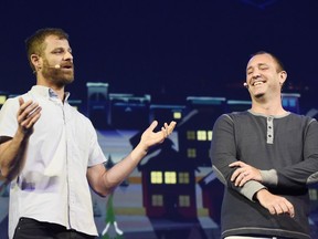 FILE - "South Park" creators Matt Stone, left, and Trey Parker discuss the "South Park: The Fractured But Whole" video game onstage at Ubisoft's E3 2015 Conference at the Orpheum Theatre on June 15, 2015, in Los Angeles. Warner Bros. Discovery Inc. is suing Paramount Global, saying its competitor aired new episodes of the popular animated comedy series "South Park" after Warner paid for exclusive rights.