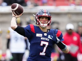 Montreal Alouettes quarterback Trevor Harris (7) throws a pass during first quarter CFL Eastern semi-final football action against the Hamilton Tiger-Cats on Sunday, November 6, 2022 in Montreal. Harris is officially a Saskatchewan Roughrider. The CFL club announced Harris's signing Tuesday.