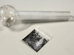 A pouch containing crystallized methamphetamine and a homemade pipe are shown March 21, 2006, in Window Rock, Ariz. Decriminalization of some hard drugs began in B.C. on Tuesday after the federal government granted B.C.'s request for an exemption from the Controlled Drugs and Substances Act as part of a plan to combat an overdose crisis that has claimed over 11,000 lives since 2016.THE CANADIAN PRESS/AP-Matt York