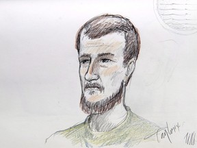 Justin Bourque is depicted in an artist's sketch at his sentencing hearing in Moncton, N.B., on Tuesday, Oct. 28, 2014.