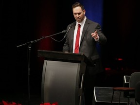 Ben Carr, son of the late member of Parliament Jim Carr, speaks at a memorial service for his father at the Centennial Concert Hall in Winnipeg, on Saturday, Dec. 17, 2022. Carr is seeking the party's nomination to run for his father's seat in an upcoming byelection.THE CANADIAN PRESS/John Woods