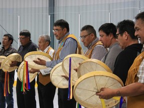 Drummers take part in the opening ceremonies for Treaty 11 celebrations in Behchoko, Northwest Territories on Monday, August, 15, 2022.