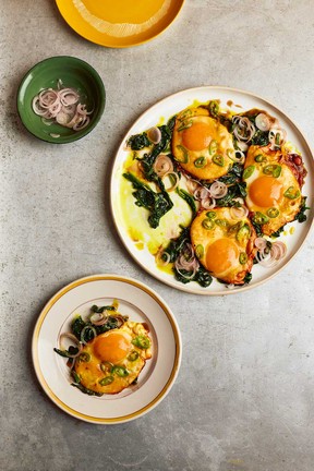 Turmeric fried eggs with tamarind dressing recipe