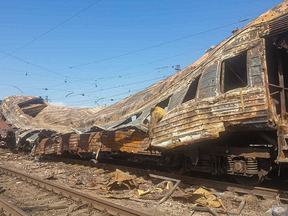 A damaged railway car in Ukraine