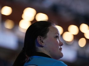 Quebec lead Kelly Middaugh listens during introductions before playing Team Canada at the Scotties Tournament of Hearts, in Kamloops, B.C., on Friday, February 17, 2023.