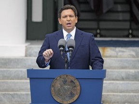 FILE - Florida Gov. Ron DeSantis speaks after being sworn in to begin his second term during an inauguration ceremony outside the Old Capitol Jan. 3, 2023, in Tallahassee, Fla. DeSantis may be months away from publicly declaring his presidential intentions, but his potential rivals aren't holding back. A half dozen high-profile Republican White House prospects have begun courting top political operatives in states like New Hampshire and Iowa.