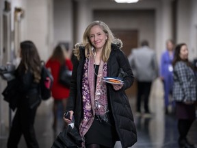 FILE - Rep. Abigail Spanberger, D-Va., arrives as Democrats hold elections for their new leadership for the next Congress, at the Capitol in Washington, Nov. 30, 2022. One of the newest members of the House Intelligence Committee was herself once an officer running spies for the CIA. Spanberger spent almost a decade as a CIA operations officer. Now, she's a third-term Democratic congresswoman from Virginia who was just named to one of two committees that oversees intelligence.