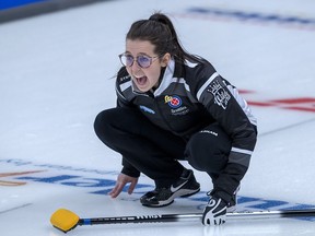 Wild Card 1 skip Selena Njegovan directs a shot as they play Newfoundland and Labrador at the Scotties Tournament of Hearts at Fort William Gardens in Thunder Bay, Ont. on Wednesday, Feb.2, 2022. With three members of Team Lawes trying to balance pregnancy with curling this season, Njegovan was pleased her squad received an exemption to add an out-of-province replacement player for the national championship.THE CANADIAN PRESS/Andrew Vaughan