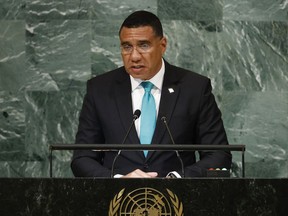 FILE - Prime Minister of Jamaica Andrew Holness addresses the 77th session of the United Nations General Assembly at U.N. headquarters, Sept. 22, 2022. Holness said on Jan. 31, 2023 that his government is willing to send soldiers and police officers to Haiti as part of a proposed multinational security assistance deployment.