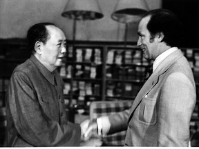 Prime Minister Pierre Trudeau shakes hands with Mao Tse-tung, party chief of the People's Republic of China, during an official visit on Oct.13, 1973.