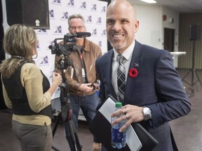 Montreal Alouettes President Mark Weightman leaves after a news conference in Montreal, Monday, Nov. 7, 2016. Weightman is back as president/CEO of the Montreal Alouettes.