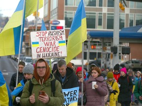 Calgarians protest against Russia's invasion of Ukraine on Jan. 15.