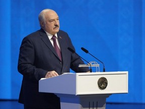 Belarus's President Alexander Lukashenko delivers his annual address to Belarusian People and the National Assembly in Minsk on March 31, 2023