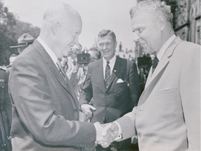 President Dwight Eisenhower, left, says goodbye to Prime Minister John Diefenbaker on July 10, 1958 after his three-day visit to Canada. Bettmann/Getty