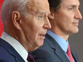 US President Joe Biden and Canada's Prime Minister Justin Trudeau hold a joint press conference at the Sir John A. Macdonald Building in Ottawa, Canada, on March 24, 2023. (Photo by Mandel NGAN / AFP)