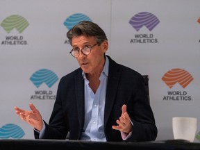 World Athletics president Sebastian Coe speaks during a press conference at the organization's council meeting in Monaco on March 23.