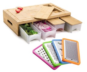 Bamboo cutting board with containers.