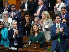 Deputy Prime Minister and Minister of Finance Chrystia Freeland receives applause as she delivers the federal budget in the House of Commons March 28, 2023.
