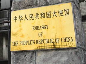 A plaque on the Chinese embassy in Ottawa is seen in a file photo from 2019.