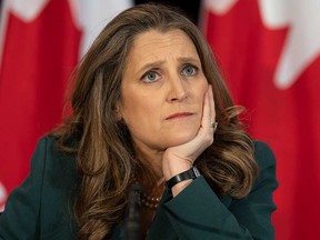 Finance Minister Chrystia Freeland participates in a news conference before delivering the federal budget on March 28, 2023, in Ottawa.