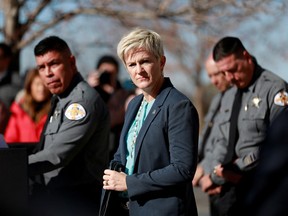 District attorney Mary Carmack-Altwies speaks at a news conference after actor Alec Baldwin accidentally shot and killed cinematographer Halyna Hutchins on the film set of the movie "Rust" in Santa Fe, New Mexico, U.S., October 27, 2021.