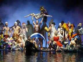 "O" by Cirque du Soleil, combines comedy, synchronized swimming, diving, and acrobatics all over a 1.5 million gallon tank.