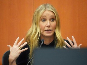 U.S. actress Gwyneth Paltrow testifies during her trial in Park City, Utah, March 24, 2023. The actor-turned-lifestyle influencer is accused of recklessly colliding with a man on a ski slope, leaving him on the ground as she and her entourage continued their descent.