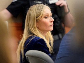 Gwyneth Paltrow watches her attorney objects during closing arguments of her trial, in Park City, Utah, March 30, 2023.