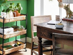 A bar cart offers multiple layers for holding daytime snacks, plants and coffee centre necessities. Rattan 3-Tier Bar Cart, $140, www.homesense.ca