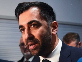 Humza Yousaf reacts as he is announced the winner of the Scottish National Party leadership race on March 27, 2023, in Edinburgh.
