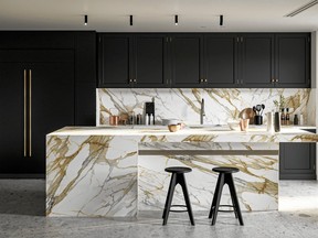 Easy-care porcelain with large veined natural stone looks is one of spring’s biggest décor trends. Natural Series Calacatta Mediceo porcelain, laminam.com