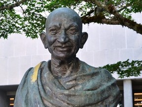 A statue of Mohandas Gandhi on the campus of Simon Fraser University that had its head removed this week by vandals using heavy-duty power tools.