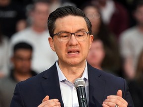 Conservative Leader Pierre Poilievre speaks at a news conference in New Westminster, B.C., on March 14, 2023.