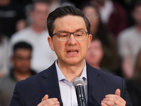 Conservative Leader Pierre Poilievre speaks during an announcement and news conference in New Westminster, B.C., on Tuesday, March 14, 2023.