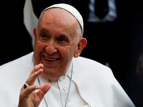 Pope Francis leaves after presiding over Holy Mass at the Santa Maria delle Grazie church, in Rome on March 17, 2023.