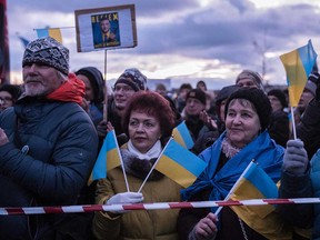 Demonstrators mark the one-year anniversary of Russia's invasion of Ukraine, in Prague, Czech Republic, on Feb. 25, 2023.